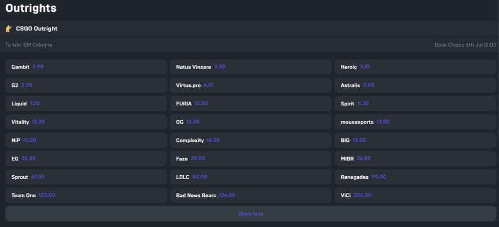 The Outright bets for IEM Cologne 2021 on Midnite.com