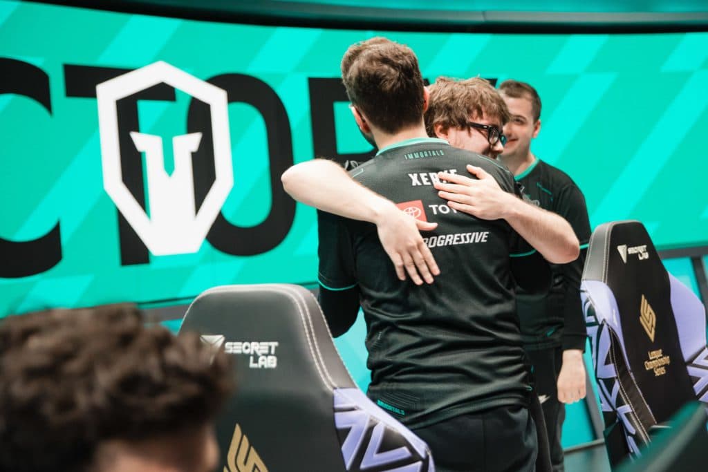 Xerxe hugging Insanity after a win in 2021. Image via espat.ai