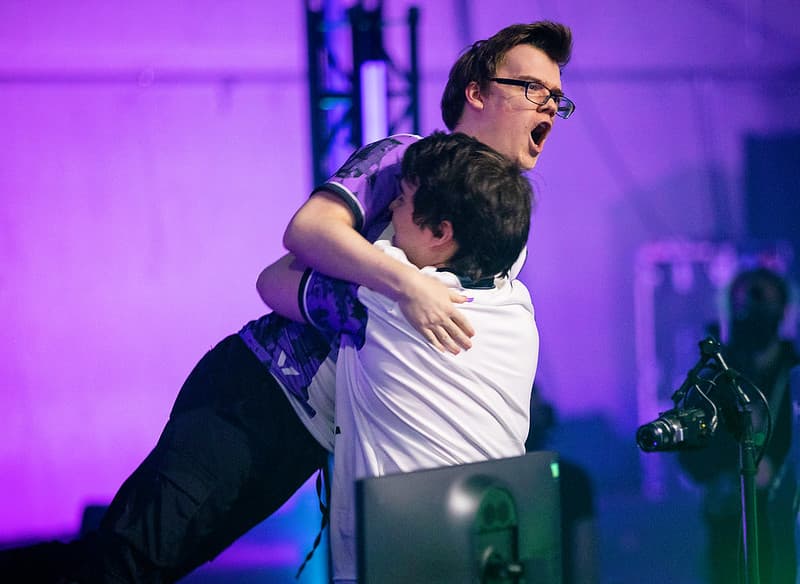 REYKJAVIK, ICELAND - MAY 25: Version1's Jordan "Zellsis" Montemurro, (L) is lifted in the air by Anthony "vanity" Malaspina after a victory at the VALORANT Champions Tour 2021: VCT Masters Reykjavík on May 25, 2021 in Reykjavik, Iceland. (Photo by Colin Young-Wolff/Riot Games)