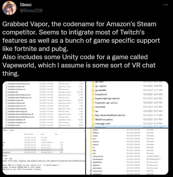 Vapor is Amazon's Steam competitor. Tweet Source: <a href="https://twitter.com/Sinoc229/status/1445653203740098560" target="_blank" rel="noreferrer noopener nofollow">Sinoc229</a>.