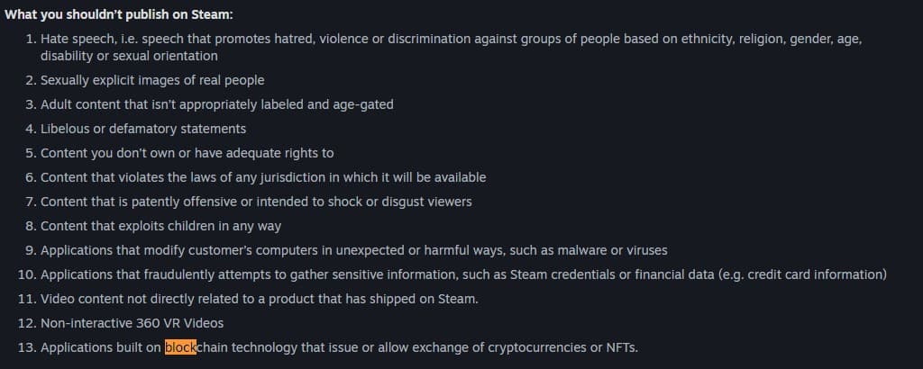 <em>Blockchain technology apps using cryptocurrencies will no longer be available on Steam. Screengrab via </em><a href="https://partner.steamgames.com/doc/gettingstarted/onboarding?l=english"><em>Steam onboarding page</em></a><em>. </em>