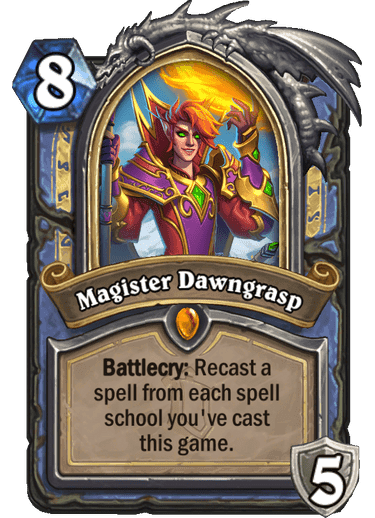 <em>Magister is a humble title for one who united warring armies against the greatest threat to Azeroth.</em><br>  <strong>Alterac Valley's Hero Card reveled </strong><br><strong>Hero Power</strong>: Arcane Burst (2 mana) Deal 1 damage. Honorable Kill: Gain +2 Damage