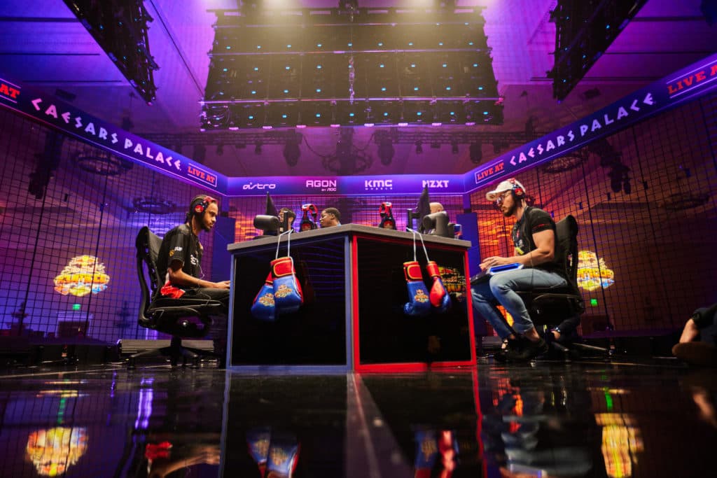 Derek 'iDom' Ruffin and Adel 'Big Bird' Anouche go head-to-head in the Street Fighter V competition at Red Bull Kumite, held in the Octavius Ballroom at Caesar's Palace in Las Vegas, NV, USA on 14 November, 2021. // Marv Watson for Red Bull Content Pool