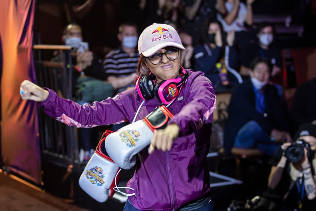 Jeannail 'Cuddle_Core' Carter is introduced ahead of the Tekken 7 competition at Red Bull Kumite, held in the Octavius Ballroom at Caesar's Palace in Las Vegas, NV, USA on 13 November, 2021. // Marv Watson / Red Bull Content Pool