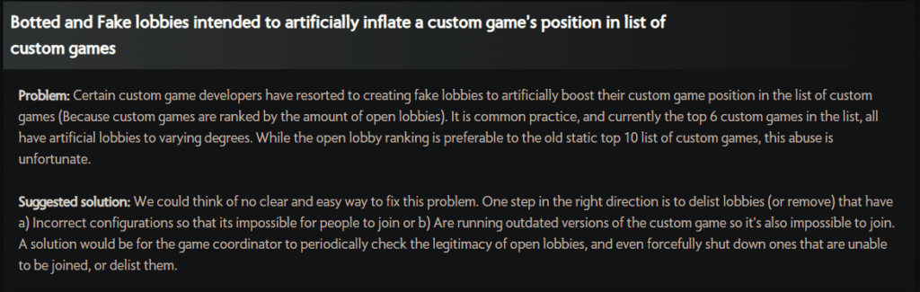 The Github link provides a list of custom games issues including suggested solutions. <br>Source: https://fcalife.github.io/fixthelobbies/