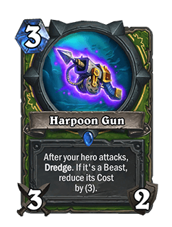 Harpoon Gun<br>Old: After your hero attacks, Dredge. If it’s a Beast, reduce its Cost by (2). <strong>→</strong> <strong>New: After your hero attacks, Dredge. If it’s a Beast, reduce its Cost by (3).</strong>