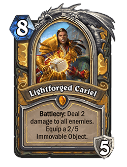 Lightforged Cariel<br>Old: [Costs 7] →&nbsp;<strong>New: [Costs 8]</strong><br>"<em>We are happy to see hero cards pack a late game punch for their classes, but felt like Cariel was providing that power a turn earlier than she should have been.</em>"