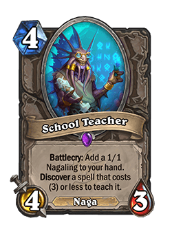 School Teacher<br>Old: 5 Attack, 4 Health →&nbsp;<strong>New: 4 Attack, 3 Health</strong><br>"<em>Though we’re generally happy with the kinds of gameplay that School Teacher provides, a card with a premium Battlecry effect doesn’t also need to have premium stats.</em>"