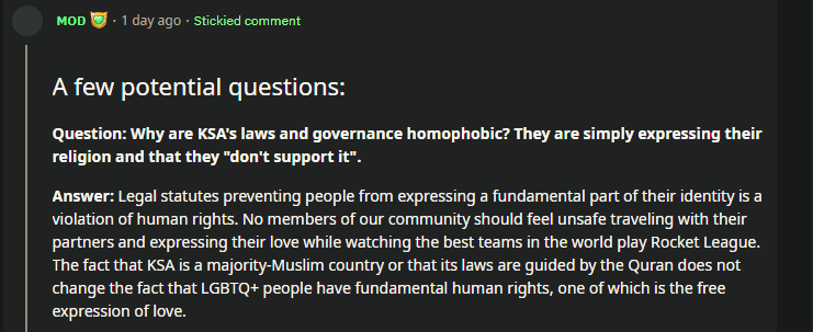 Rocket League Esports Mod stands by the LGBTQ+ community. Screengrab from Reddit's r/RocketLeagueEsports