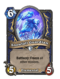 Snowfall Guardian<br>Old: 3 Attack, 3 Health. Battlecry: Freeze all other minions. Gain +1/+1 for each Frozen minion. → <strong>New: 5 Attack, 5 Health. Battlecry: Freeze all other minions.</strong>