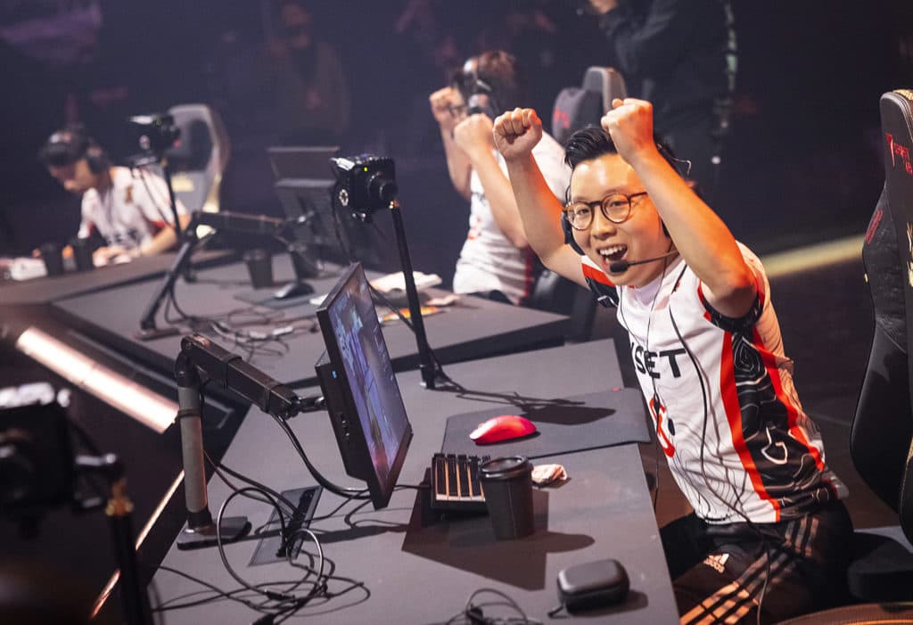 Jordan "AYRIN" He of XSET reacts with excitement after victory against XERXIA at the VALORANT Champions 2022 Istanbul Groups Stage on September 3, 2022 in Istanbul, Turkey. (Photo by Colin Young-Wolff/Riot Games)