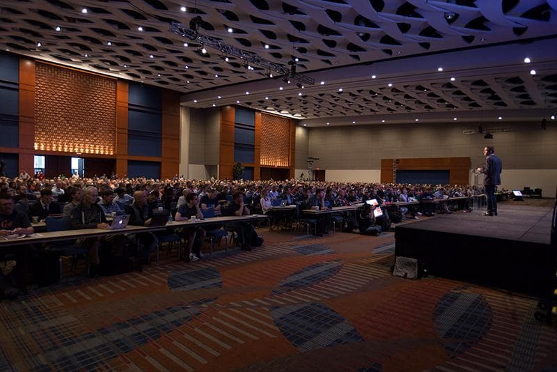 The Convention Center's main room when decked out for speaking events.