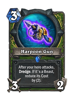 Harpoon Gun<br>Old: After your hero attacks, Dredge. If it’s a Beast, reduce its cost by (3).<br><strong>New: After your hero attacks, Dredge. It it’s a Beast, reduce its cost by (2).</strong><br>Image via Blizzard