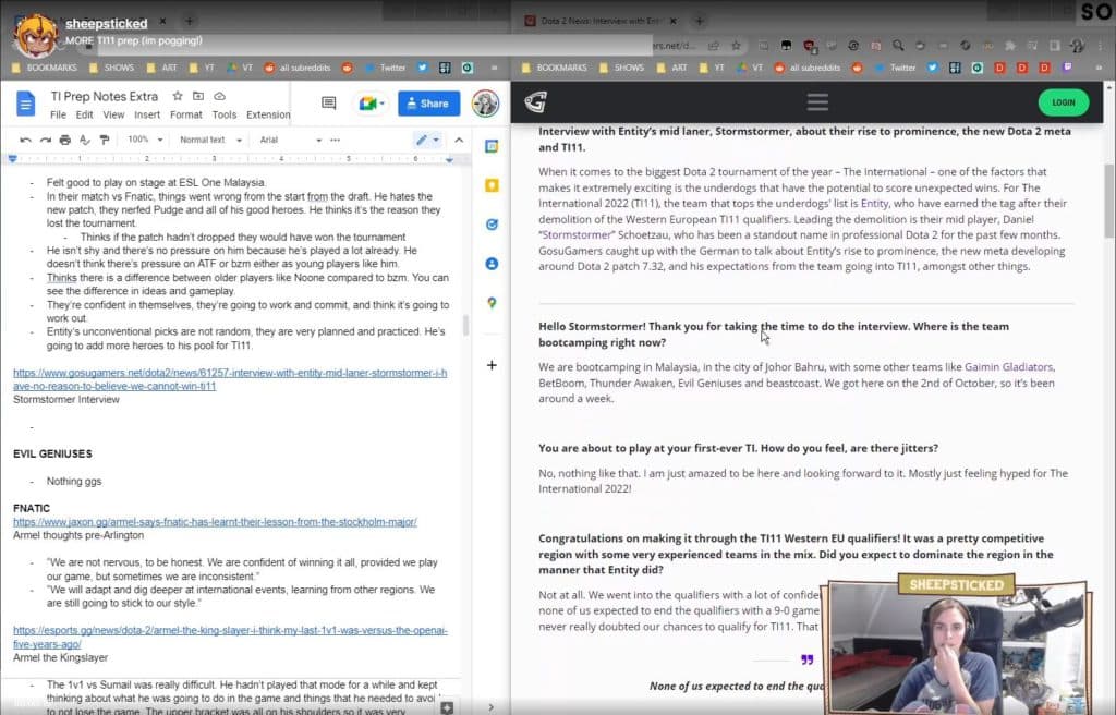 Sheepsticked streamed her TI11 prep notes (Image via Twitch)