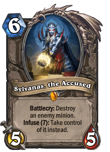 Sylvanas, the Accused - Present in 24.4% of decks <a href="https://hsreplay.net/cards/#rankRange=LEGEND&amp;set=REVENDRETH_MINI_SET&amp;sortBy=includedPopularity" target="_blank" rel="noreferrer noopener nofollow">according to HS Replay</a><br>Image by Blizzard