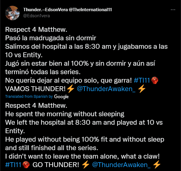 Co-manager of Thunder Awaken praises Matthew for his resilience.<br>Source:<a href="https://twitter.com/edson1vera/status/1581805736333434880?s=46&amp;t=o8IfjHyGLlDSiK63zpAirA" target="_blank" rel="noreferrer noopener nofollow"> Twitter</a>