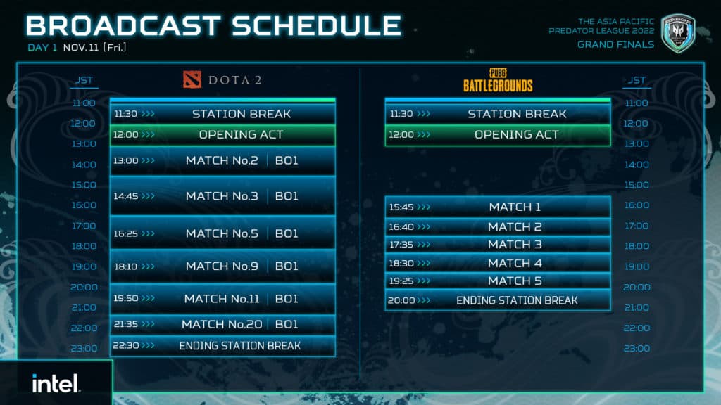 Day 1 APAC Predator League Broadcast Schedule