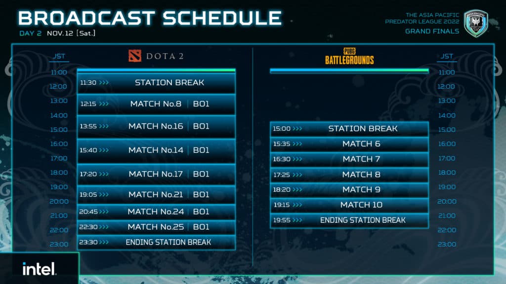 Day 2 APAC Predator League Broadcast Schedule