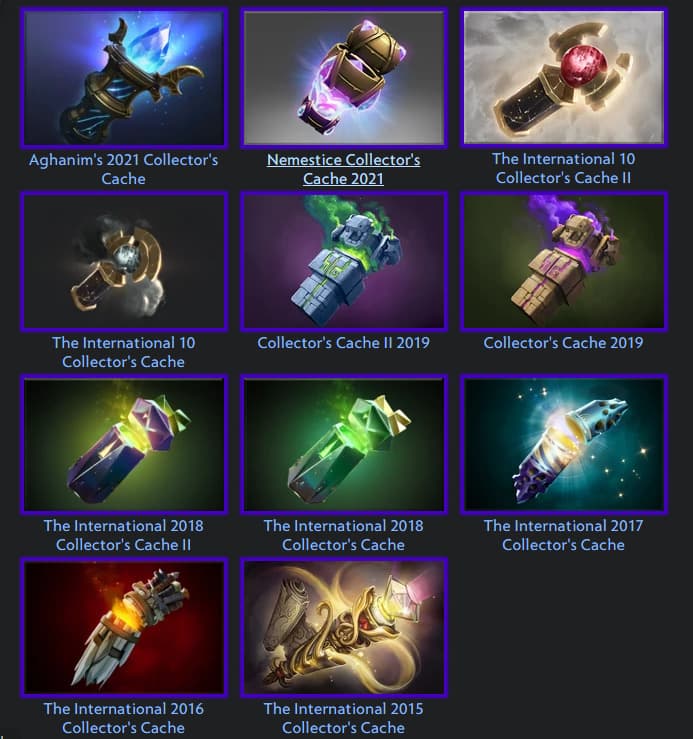 All Collector's Cache in Dota 2 so far.<br>Source: Dota 2 Wiki