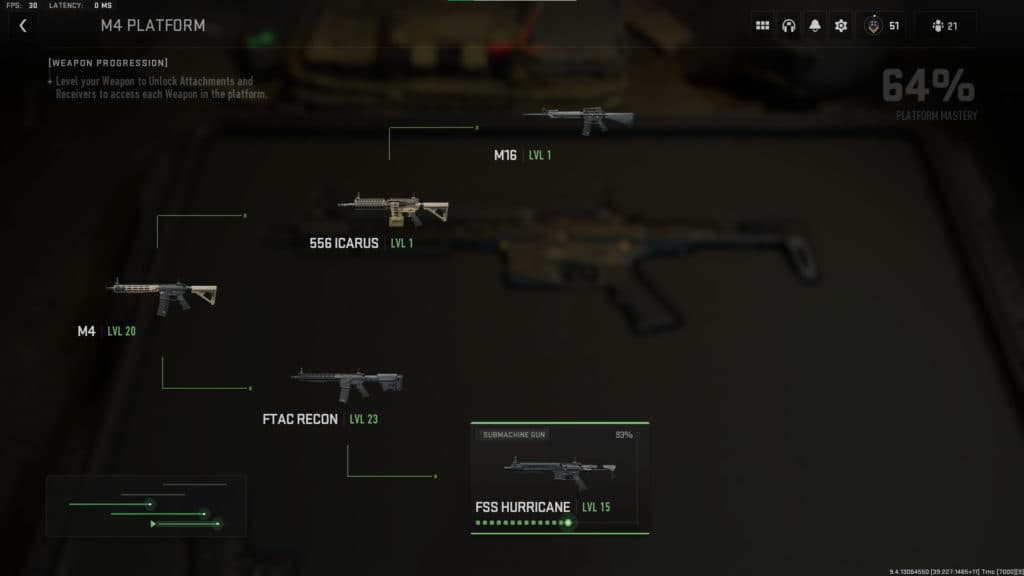 Previous weapons on the M4 tree have to be unlocked in order to use the FSS Hurricane.